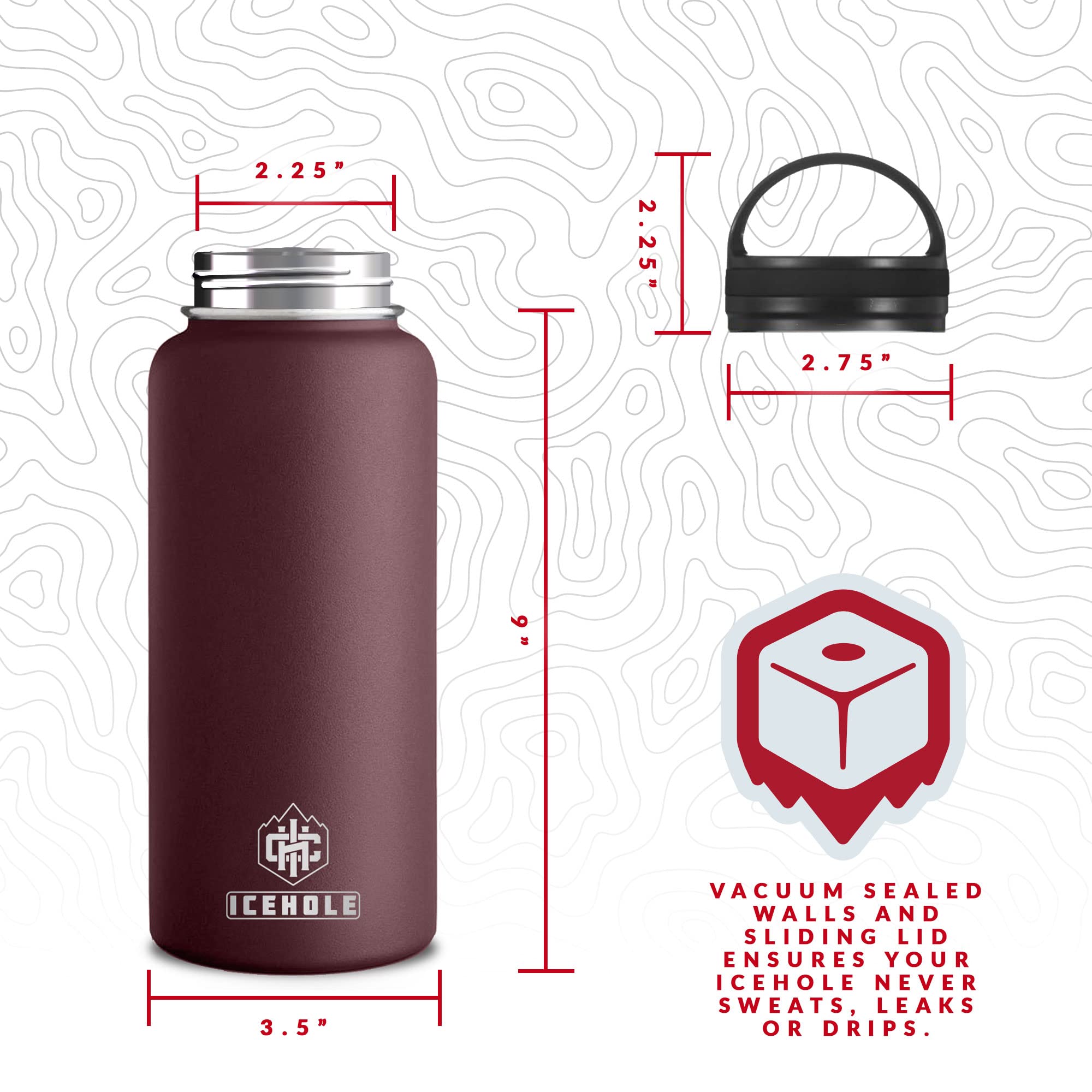 ICEHOLE 32 oz Wide Mouth Water Bottle with Handle Lid - Stainless Steel Double Wall Insulated Water Bottle - Sweat Proof BPA-Free Metal Thermos Bottle for Gym, Sports, Travel (Choclate Maroon)