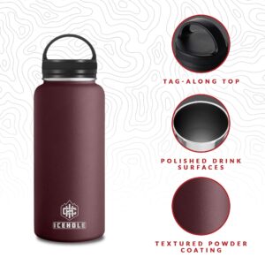 ICEHOLE 32 oz Wide Mouth Water Bottle with Handle Lid - Stainless Steel Double Wall Insulated Water Bottle - Sweat Proof BPA-Free Metal Thermos Bottle for Gym, Sports, Travel (Choclate Maroon)