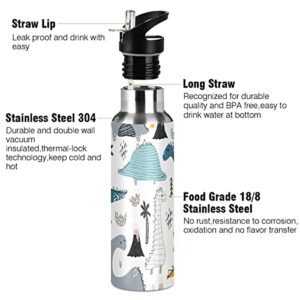 OREZI Dino Scandinavian Style Water Bottle Thermos with Straw Lid for Boys Girls,600 ml,Leakproof Stainless-Steel Sports Bottle for Women Men Teenage