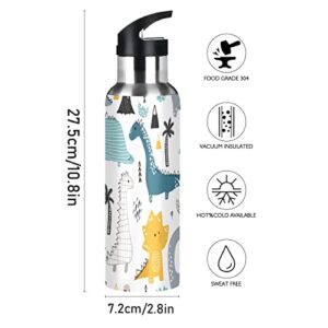 OREZI Dino Scandinavian Style Water Bottle Thermos with Straw Lid for Boys Girls,600 ml,Leakproof Stainless-Steel Sports Bottle for Women Men Teenage