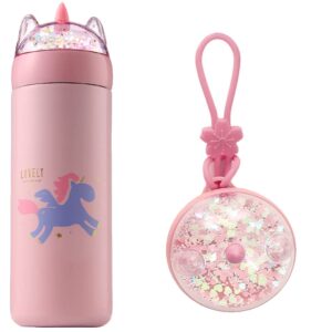 kinia 12 oz unicorn glitter 18/8 stainless steel double wall vacuum insulated kids water bottle - leak proof with bpa free multi-color sparkling glitter top (unicorn pink)