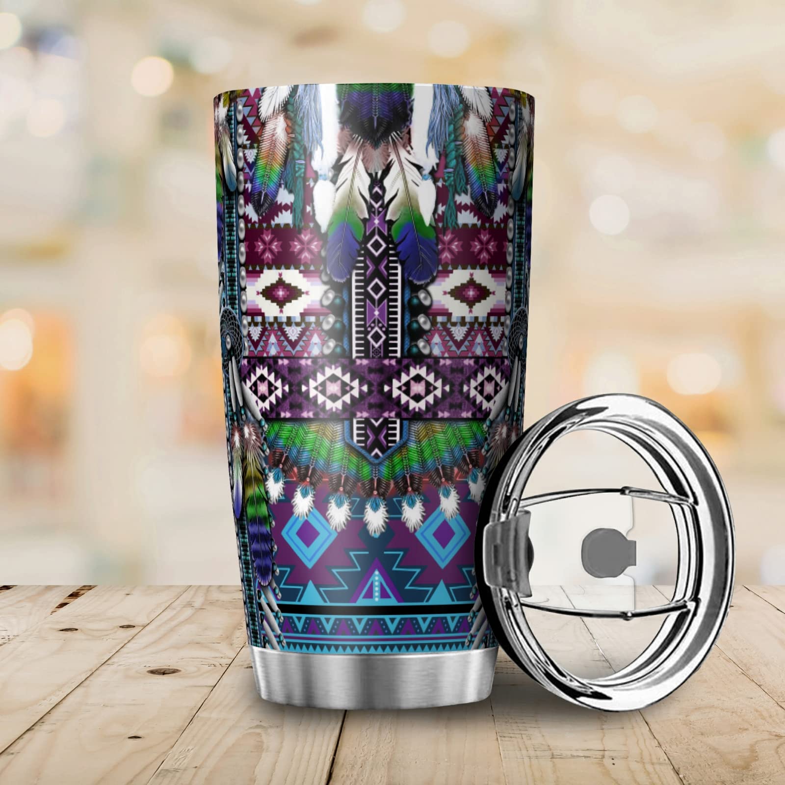 Native American Tumbler With Flip Lid Stainless Steel Coffee Cups Vacuum Insulated Travel Mug for Ice Drink Travel Mug for Office Coffee Cups High-capacity Water Cups (20oz, Native American)