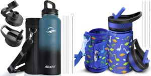 aexpf 32oz insulated water bottle indigo black gradient and 14oz kids water bottle with dinosaur pattern