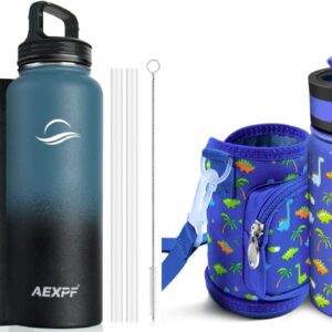 AEXPF 32oz Insulated Water Bottle Indigo Black Gradient and 14oz Kids Water Bottle with Dinosaur Pattern