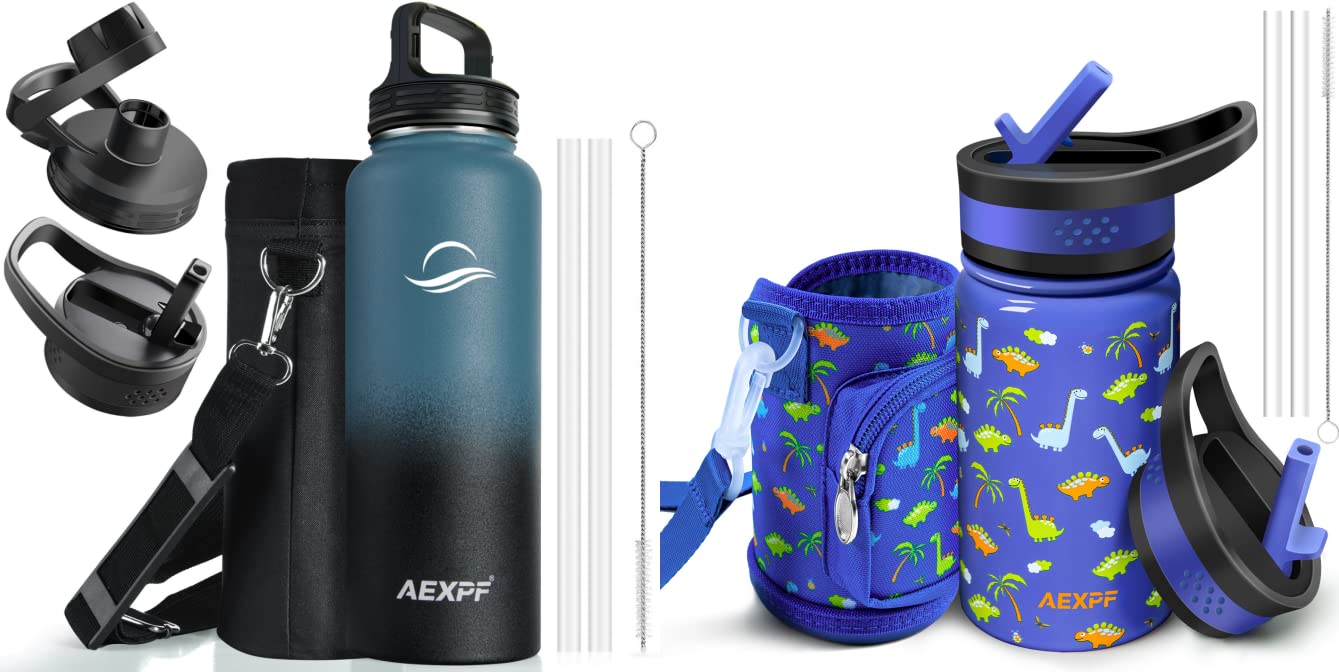 AEXPF 32oz Insulated Water Bottle Indigo Black Gradient and 14oz Kids Water Bottle with Dinosaur Pattern