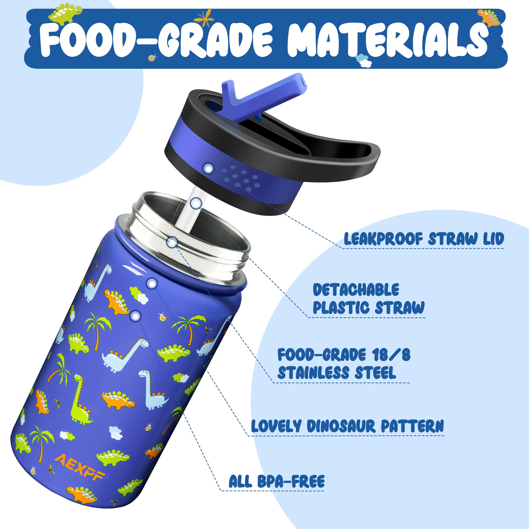 AEXPF 32oz Insulated Water Bottle Indigo Black Gradient and 14oz Kids Water Bottle with Dinosaur Pattern