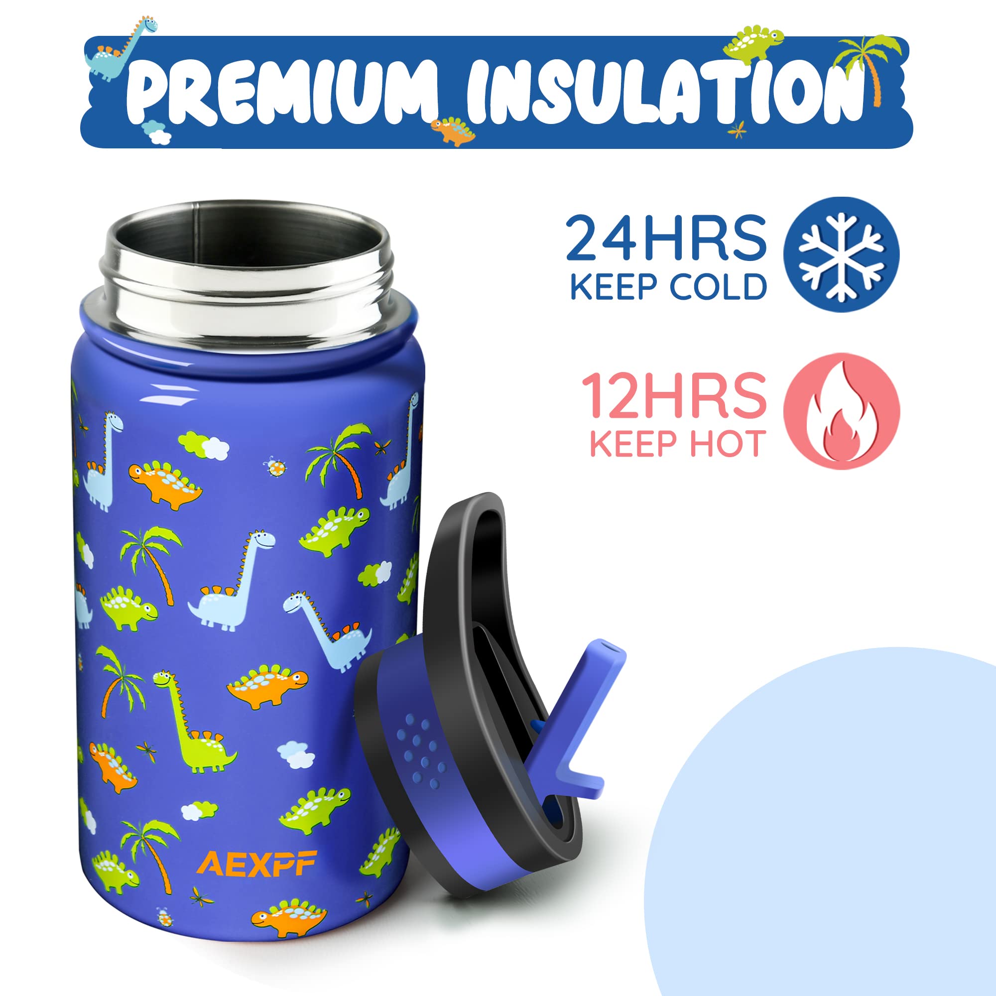 AEXPF 32oz Insulated Water Bottle Indigo Black Gradient and 14oz Kids Water Bottle with Dinosaur Pattern