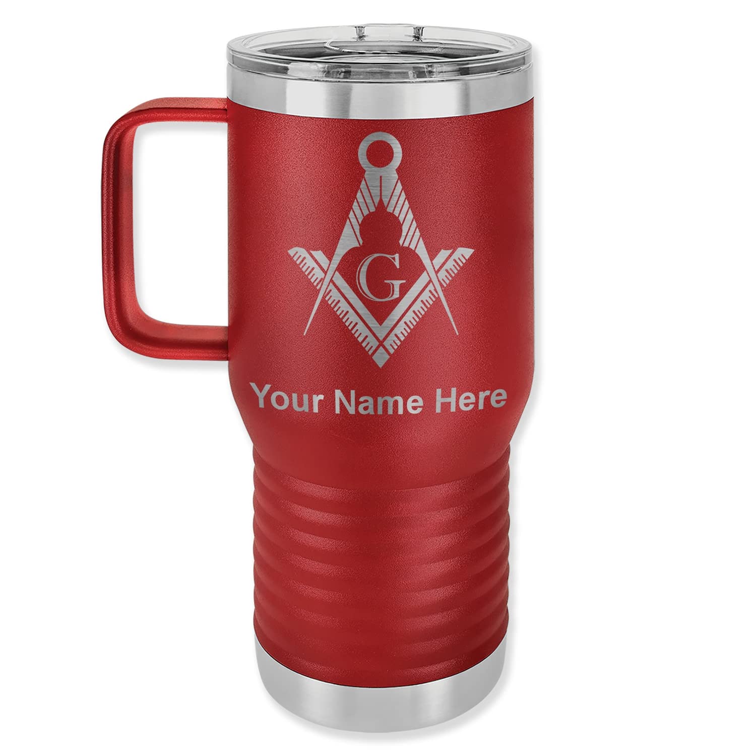 LaserGram 20oz Vacuum Insulated Travel Mug with Handle, Freemason Symbol, Personalized Engraving Included (Maroon)