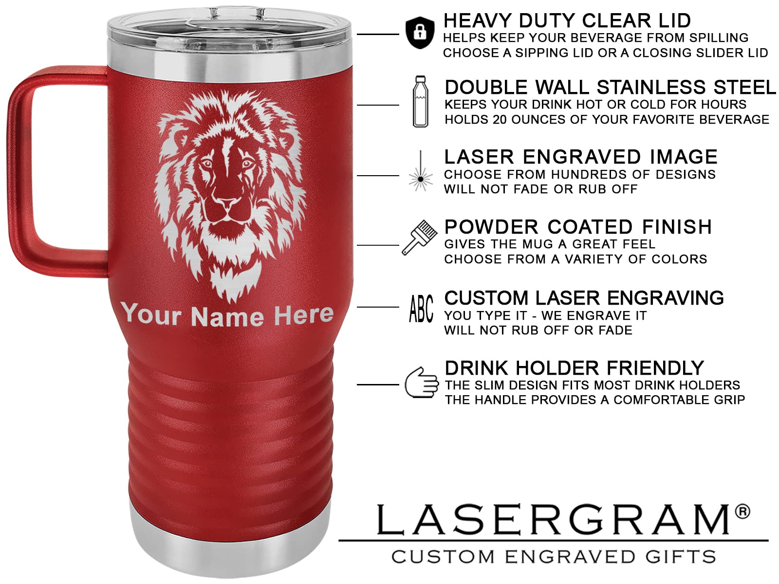 LaserGram 20oz Vacuum Insulated Travel Mug with Handle, Freemason Symbol, Personalized Engraving Included (Maroon)