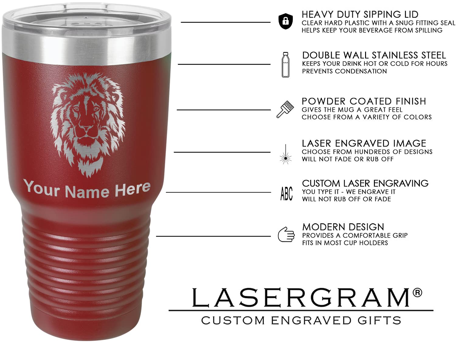 LaserGram 30oz Vacuum Insulated Tumbler Mug, Horse, Personalized Engraving Included (Maroon)