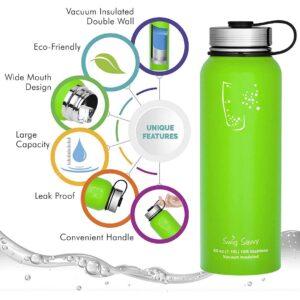 Swig Savvy Sports Water Bottle, Vacuum Insulated Stainless steel, Double Wall Wide Mouth Leakproof Lid - 40oz (Blue)