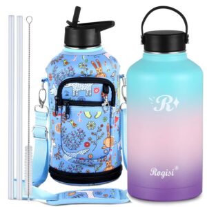 half gallon/ 64oz water bottle with straw and sleeve insulated, wide mouth stainless steel big gallon water jug, keep cold for 48 hrs or hot for 24 hrs vacuum metal thermos mug with handle