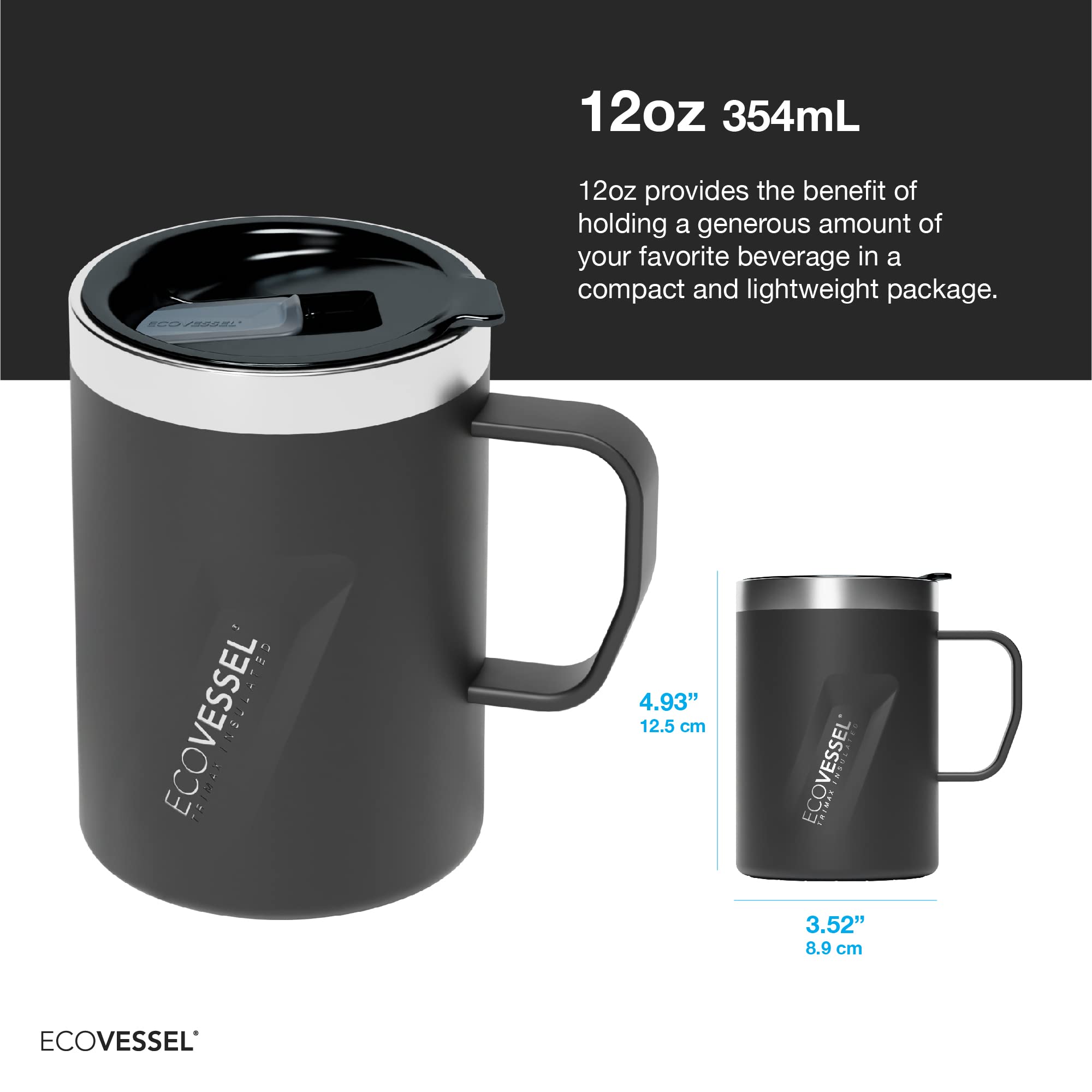 EcoVessel TRANSIT Stainless Steel Travel Mug/Coffee Mug with Slider Lid & Ergonomic Handle, Tumbler With Handle Insulated Coffee Mug - 12oz (White Pearl)