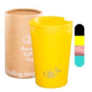 biogo reusable coffee cup | no spill tumbler | spill proof coffee travel mug for women | insulated travel coffee mug with lid | hot togo coffee thermos bottle men | to go cup (yellow, 13oz /350ml)