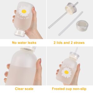 ASTROWORLD WISH YOU WERE HERE 16.9oz(480ml) Milk Juice Water Bottle with Scale,2 Lids and 2 straws Little daisy Matte Portable glass Water Cup, One Flower Grass Bottles Creative Handy Cup