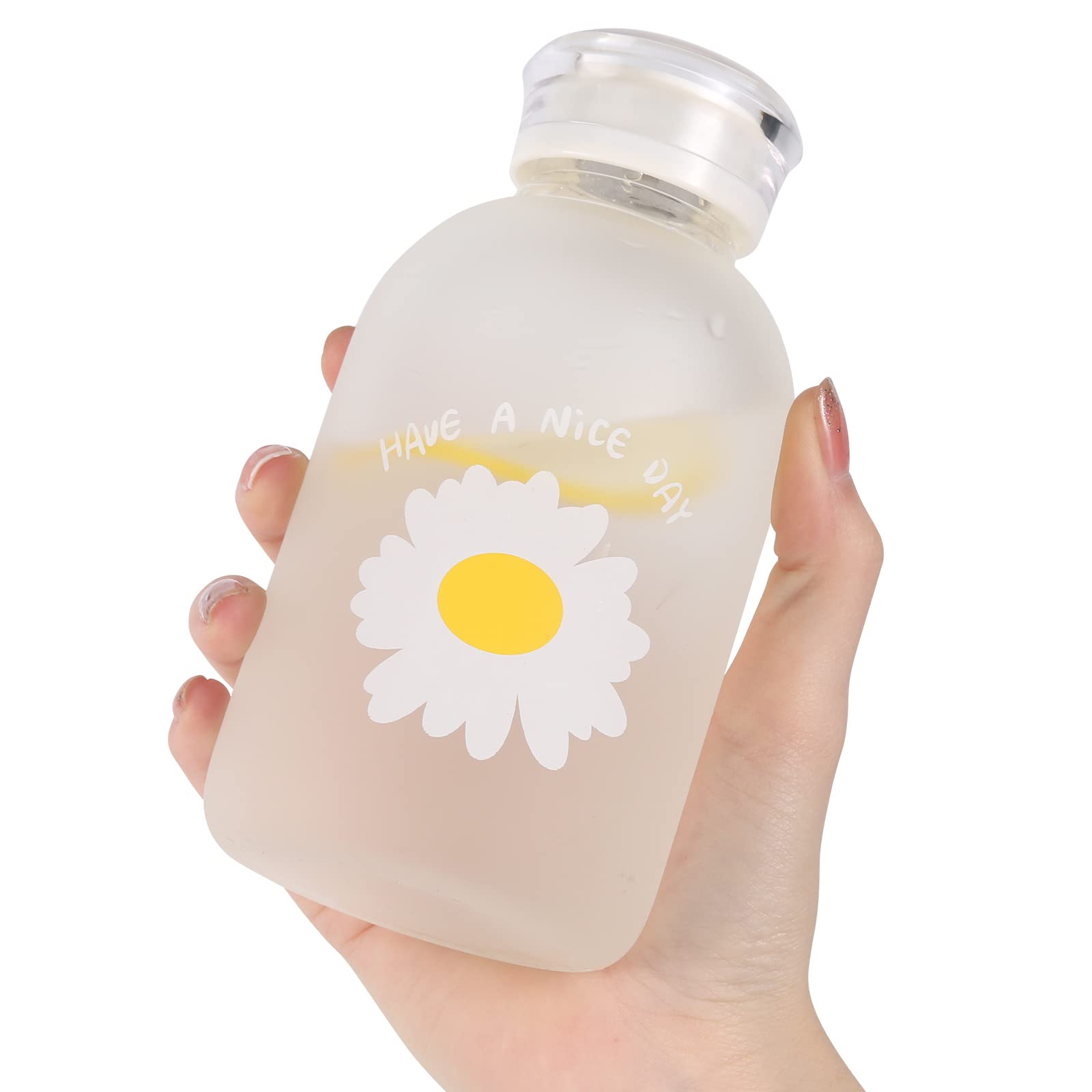 ASTROWORLD WISH YOU WERE HERE 16.9oz(480ml) Milk Juice Water Bottle with Scale,2 Lids and 2 straws Little daisy Matte Portable glass Water Cup, One Flower Grass Bottles Creative Handy Cup