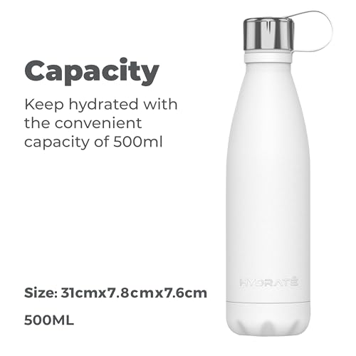 HYDRATE Super Insulated Stainless Steel Water Bottle - 500ml - Polar White - Bpa Free Metal Water Bottle, Drinking Hot Water Thermos, Reusable Water Bottle - 24 Hours Cold & 12 Hours Hot