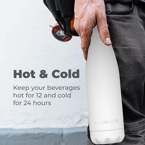 HYDRATE Super Insulated Stainless Steel Water Bottle - 500ml - Polar White - Bpa Free Metal Water Bottle, Drinking Hot Water Thermos, Reusable Water Bottle - 24 Hours Cold & 12 Hours Hot