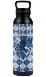 harry potter official ravenclaw plaid sigil 24 oz insulated canteen water bottle, leak resistant, vacuum insulated stainless steel with loop cap, black