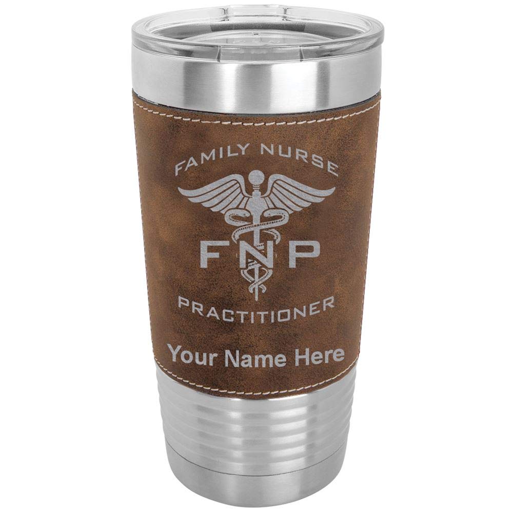 LaserGram 20oz Vacuum Insulated Tumbler Mug, FNP Family Nurse Practitioner, Personalized Engraving Included (Faux Leather, Rustic)