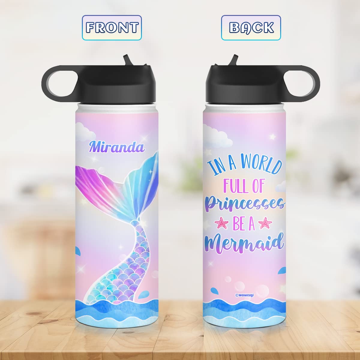 wowcugi Personalized Mermaid Water Bottle Stainless Steel Double Insulated Sports Bottle 12oz 18oz 32oz Mermaid Gifts For Back To School Birthday Christmas Kids Girls Toodlers