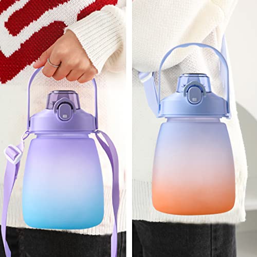 JOUALY Valentines Day Gifts Cute Water Bottle, Large Capacity Straw Cup Student Boy Girl Fashion Water Bottle, Portable Sports Water Bottle with Cute 3D Sticker, Shoulder Strap and Rubber Handle