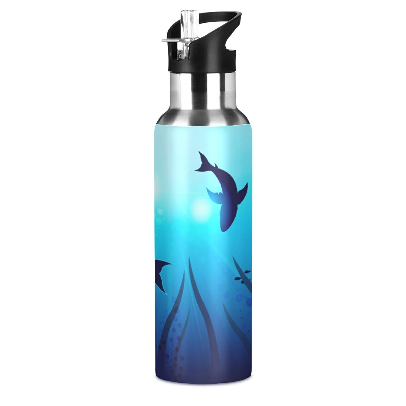 Shark Water Bottle with Straw Lid Thermos Ocean Kids Insulated Stainless Steel Water Flask 20 Oz Sharks Circling under The Water Ocean