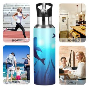 Shark Water Bottle with Straw Lid Thermos Ocean Kids Insulated Stainless Steel Water Flask 20 Oz Sharks Circling under The Water Ocean