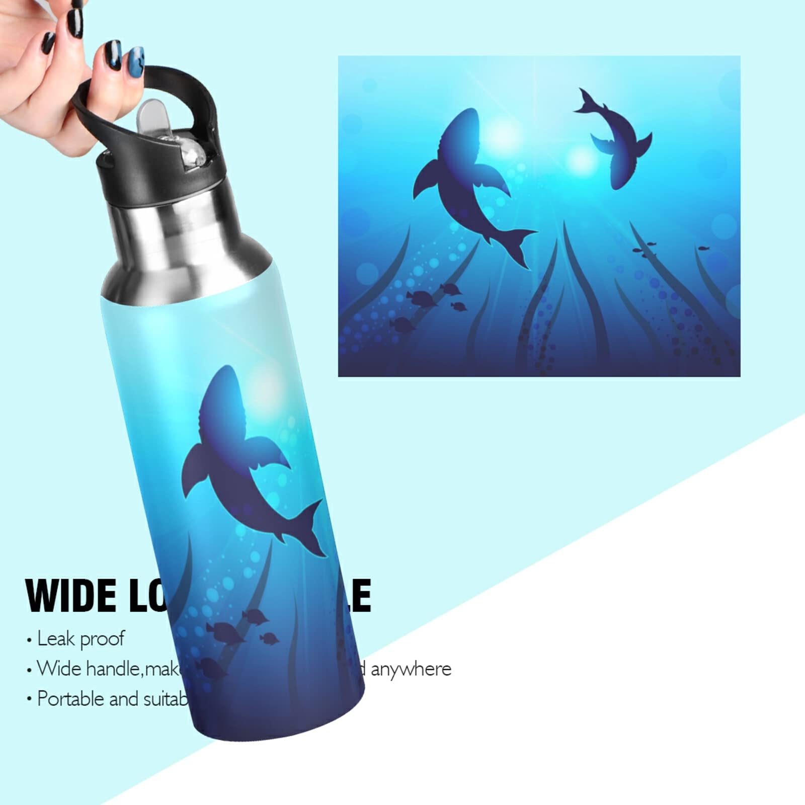 Shark Water Bottle with Straw Lid Thermos Ocean Kids Insulated Stainless Steel Water Flask 20 Oz Sharks Circling under The Water Ocean