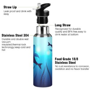 Shark Water Bottle with Straw Lid Thermos Ocean Kids Insulated Stainless Steel Water Flask 20 Oz Sharks Circling under The Water Ocean