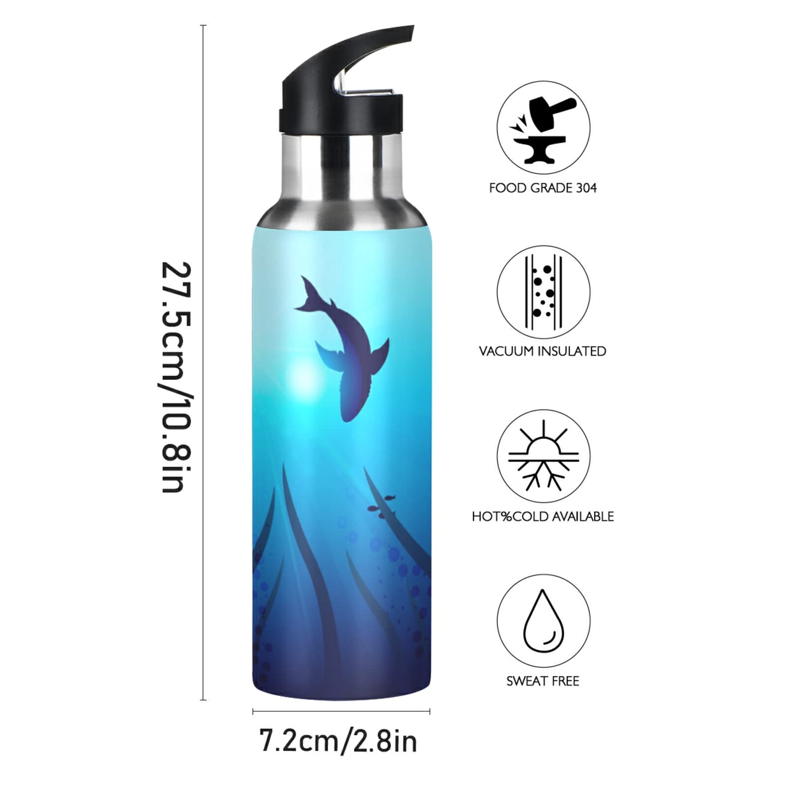 Shark Water Bottle with Straw Lid Thermos Ocean Kids Insulated Stainless Steel Water Flask 20 Oz Sharks Circling under The Water Ocean