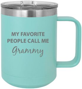 customgiftsnow my favorite people call me grammy stainless steel vacuum insulated 15 oz engraved travel coffee mug with slider lid, teal