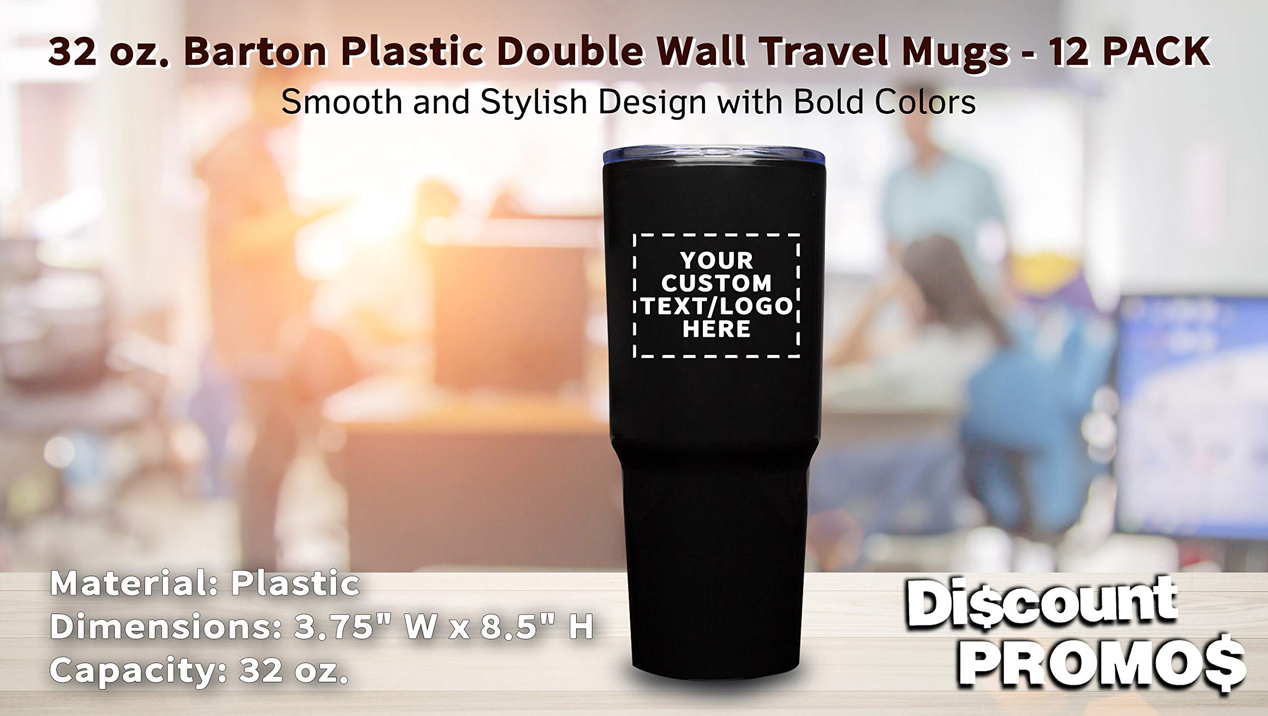 Personalized 32 oz. Barton Plastic Double Wall Travel Mugs - 12 Pack - Custom Text, Logo - Black