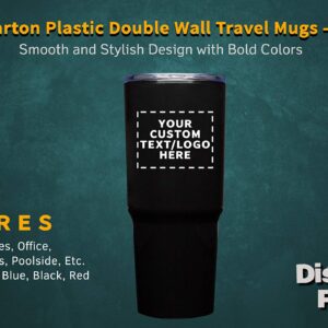 Personalized 32 oz. Barton Plastic Double Wall Travel Mugs - 12 Pack - Custom Text, Logo - Black