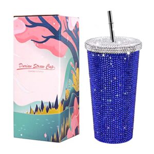 16.9oz studded bling tumbler for women, diamond glitter water bottle with lid stainless steel vacuum thermal straw tumbler , double wall straw cups, handmade individually set stones (bling-blue)
