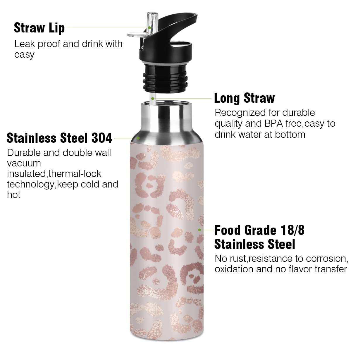 Water Bottle Handle Straw Lid Leopard Print Cheetah Rose Gold Vacuum Insulated Stainless Steel Thermos Water Bottle Leak Proof Sports Coffee Maker Cup