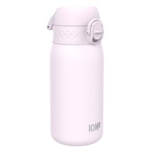 ion8 kids water bottle, steel 400 ml/13 oz, leak proof, easy to open, secure lock, dishwasher safe, flip cover, carry handle, easy clean, durable, scratch resistant, carbon neutral, lilac dusk