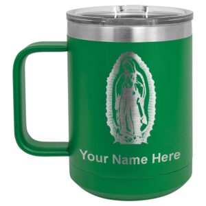 lasergram 15oz vacuum insulated coffee mug, virgen de guadalupe, personalized engraving included (green)