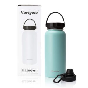 navigate 32oz wide mouth stainless steel water bottle with bonus lid, double walled vacuum insulated travel sports flask thermos |keep drink stay cold & hot,bpa free, leak proof(teal blue)