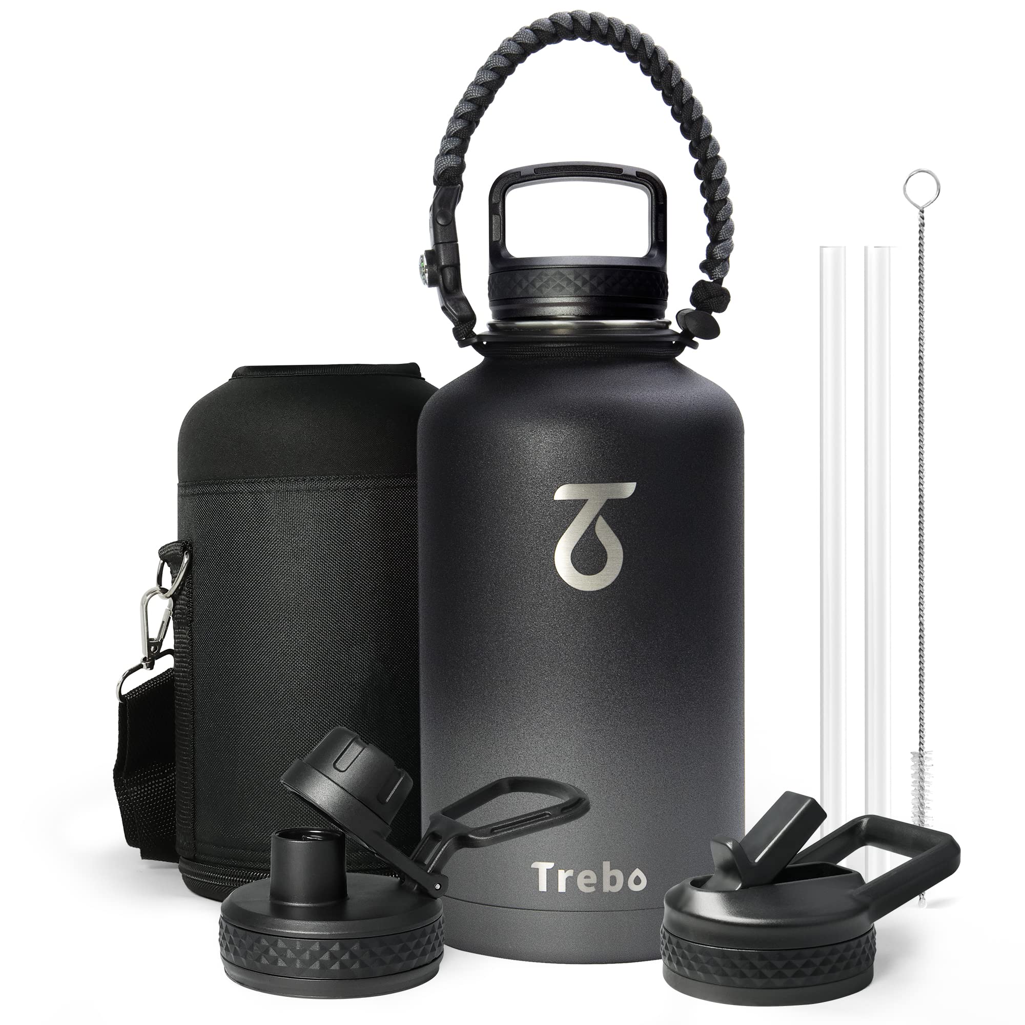 Trebo Water Bottle 32oz&64oz with Paracord Handle, Half Gallon Food-grade Double Wall Vacuum Stainless Steel Insulated Jug with Straw Spout Handle Lids, Leakproof Keep Cold & Hot Ombre: Dark Gray