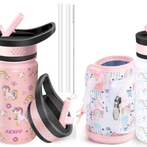 AEXPF Insulated Kids Water Bottle with Sleeve, 14 oz Double Wall Vacuum Stainless Steel Leakproof Thermos Water Bottle, Unicorn Pattern and Rainbow Pattern