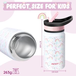 AEXPF Insulated Kids Water Bottle with Sleeve, 14 oz Double Wall Vacuum Stainless Steel Leakproof Thermos Water Bottle, Unicorn Pattern and Rainbow Pattern