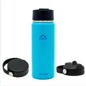 vacuum insulated bottle with 3 lids - flex straw lid, flex lid, and coffee flip lid - stainless steel double wall thermally insulated flask - 5 sizes - 5 colors - by polerce (18 oz, aqua (blue))