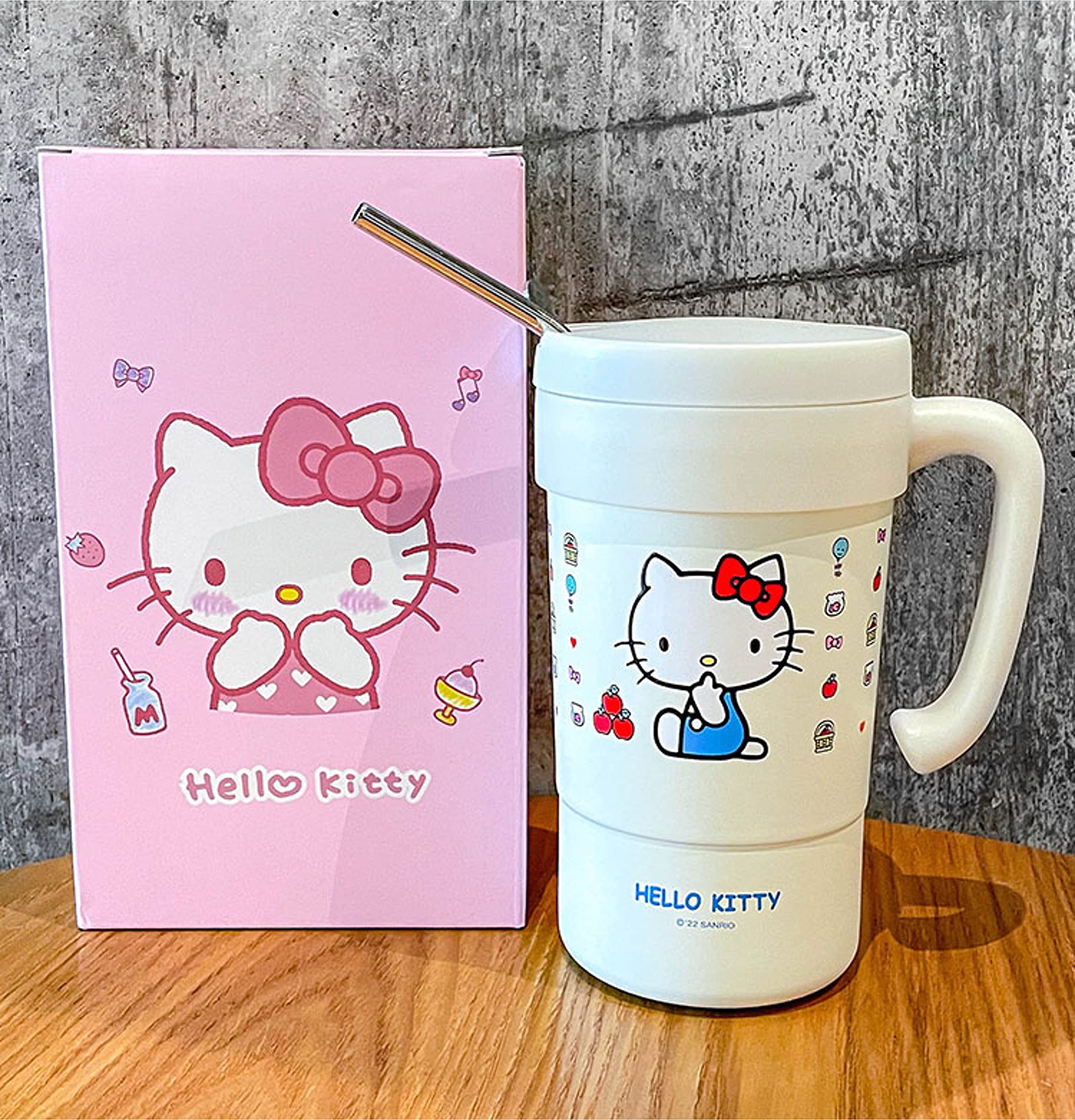 Everyday Delights Hello Kitty Stainless Steel Insulated Cup with Lid, Straw & Stir Stick, 580ml (White)