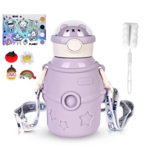 Kawaii Water Bottle with Straw: 17oz Cute Water Bottles, Stainless Steel Water Bottle with Stickers and Adjustable Strap, Portable Cartoon Astronaut Thermos for School Outdoor Sports Travel (Purple)