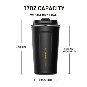 Coffee Travel Mug Stainless Steel Insulated Coffee Cup Double Wall Vacuum Insulation Coffee Tumbler with Leakproof Screw Lid Reusable Thermal Cup for Hot / Iced Beverage -510ml/17oz, Black