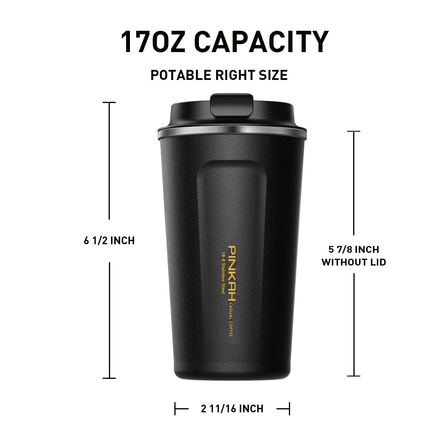 Coffee Travel Mug Stainless Steel Insulated Coffee Cup Double Wall Vacuum Insulation Coffee Tumbler with Leakproof Screw Lid Reusable Thermal Cup for Hot / Iced Beverage -510ml/17oz, Black