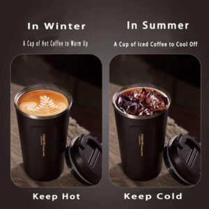 Coffee Travel Mug Stainless Steel Insulated Coffee Cup Double Wall Vacuum Insulation Coffee Tumbler with Leakproof Screw Lid Reusable Thermal Cup for Hot / Iced Beverage -510ml/17oz, Black