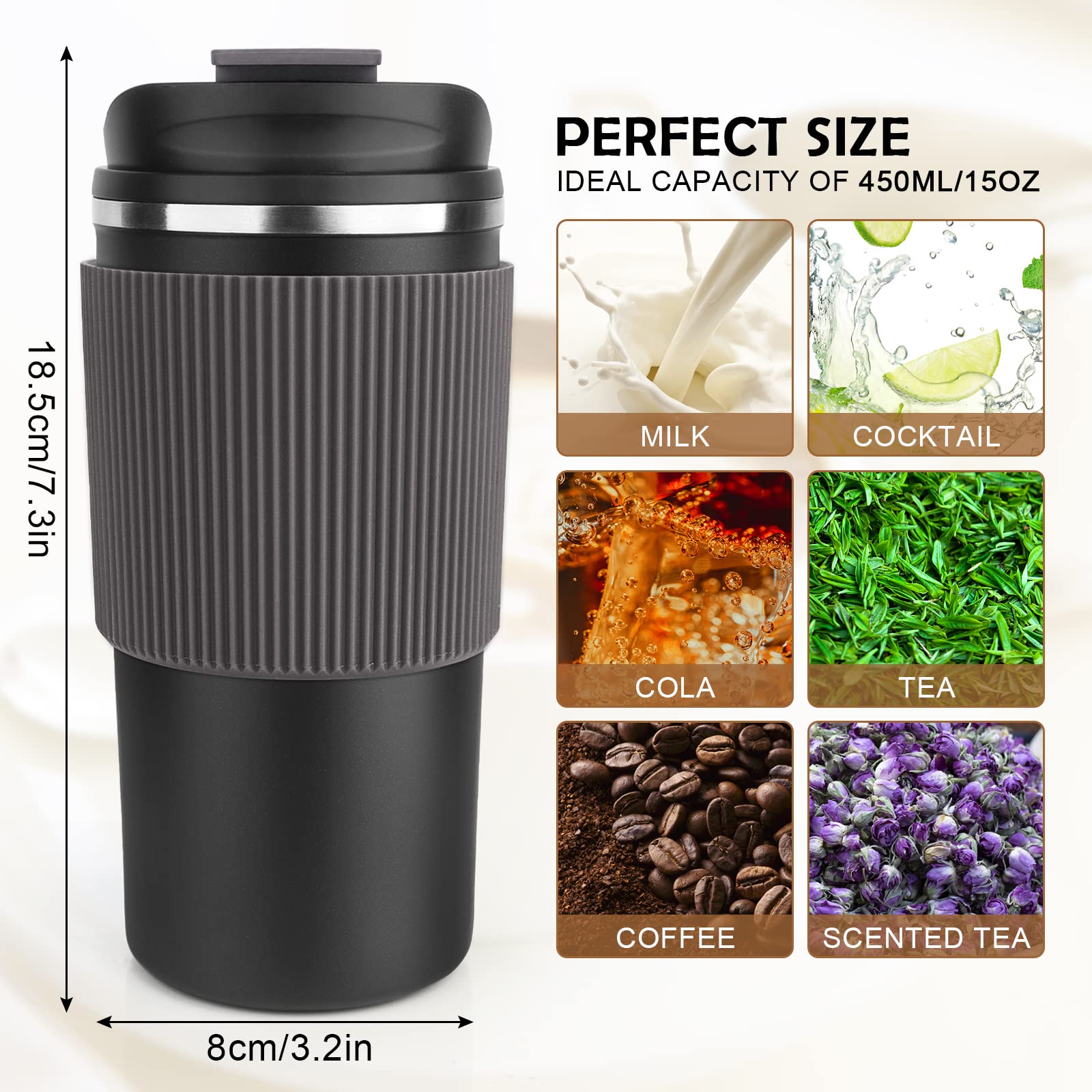 RNGODO Travel Coffee Mug - 450ml / 15oz Stainless Steel Insulated Coffee Tumbler with Leakproof Lid,Double Walled Insulated Vacuum Coffee Mug,Car Coffee Mug to Go for Coffee,Hot Cold Water Travel Mug