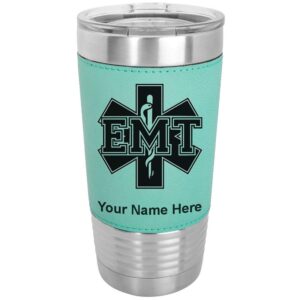 lasergram 20oz vacuum insulated tumbler mug, emt emergency medical technician, personalized engraving included (faux leather, teal)